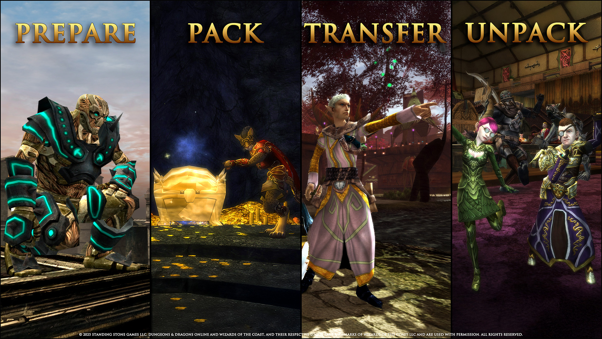 Four panel image showing adventurers preparing and traveling with the words "Prepare, Pack, Transfer, Unpack" as titles.