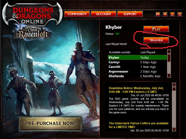 Image showing game launcher with "Transfer" button circled.