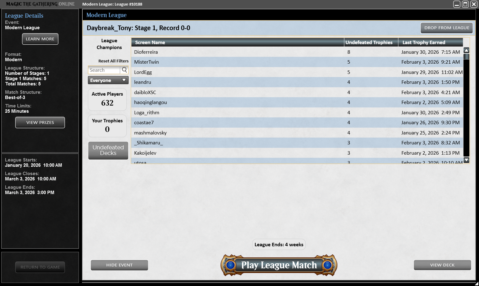 League details window