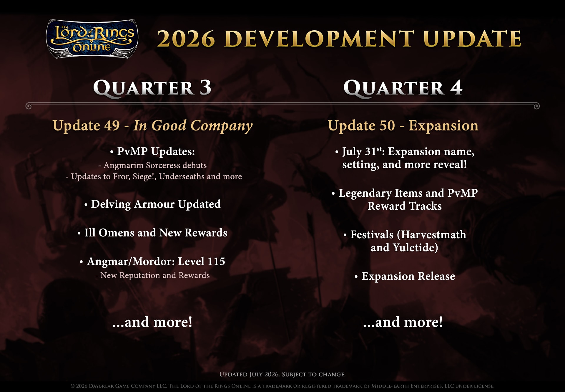 Quarter 3 - Update 49 - In Good Company  - PvMP Updates:      - Angmarim Sorceress debuts      - Updates to Fror, Siege!, Underseaths and more - Delving Armour Updated - Ill Omens and New Rewards - Angmar/Mordor: Level 115     - New Reputation and Rewards - ...and more!   Quarter 4 - Update 50 - Expansion  - July 31st: Expansion name, setting, and more reveal! - Legendary Items and PvMP Reward Tracks - Festivals (Harvestmath and Yuletide) - Expansion Release - ...and more!
